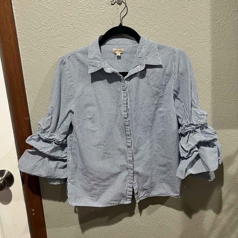 Daniel Cremieux Blue and White Striped Shirt Puff Sleeve Button Down 100% Cotton